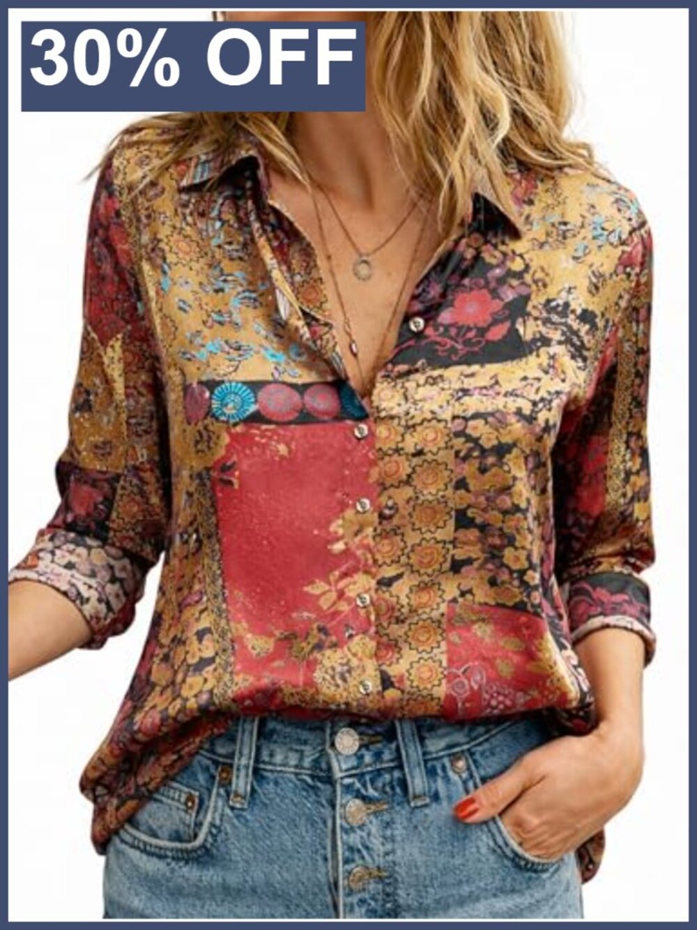 Womens Long Sleeve Button Down Shirt Boho Floral Paisley Print Blouse